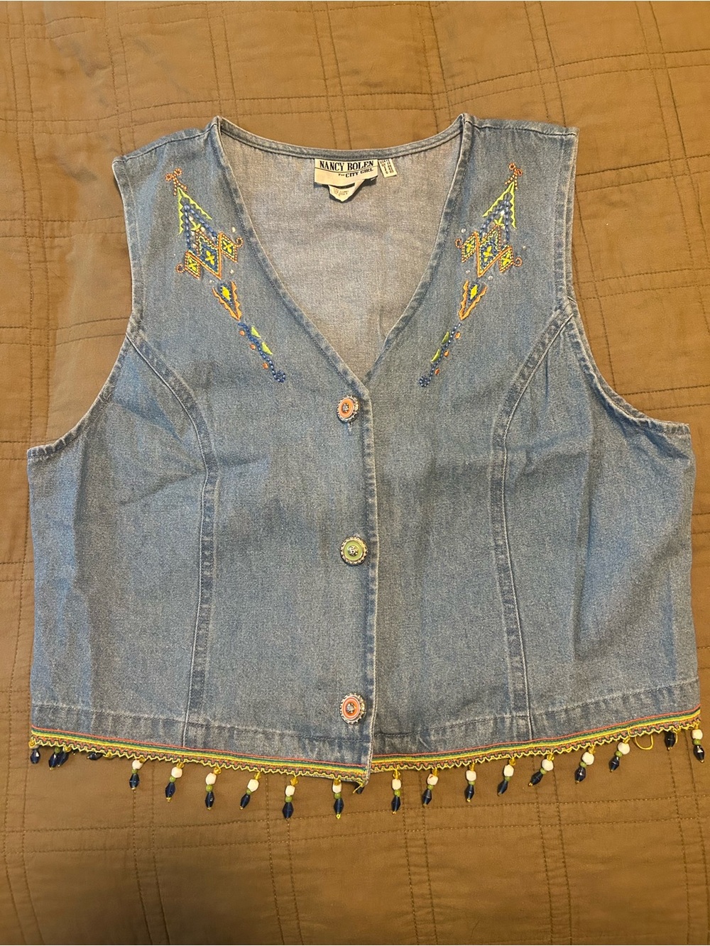 Embellished Denim Vest with Bead Fringe